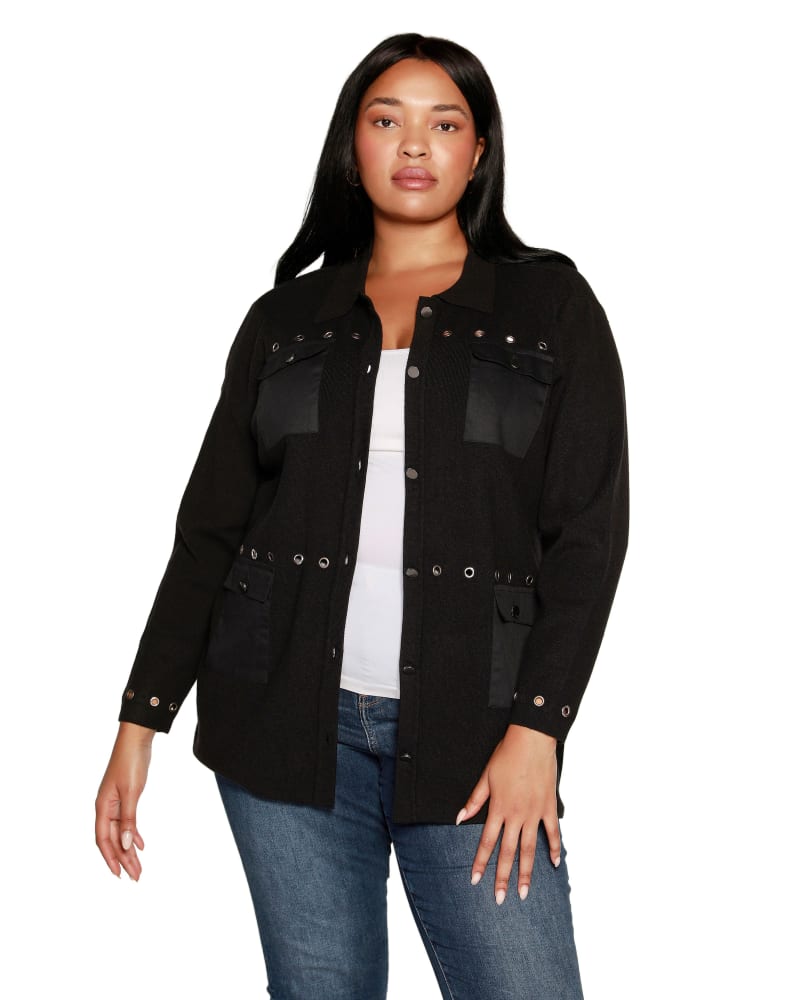 Front of a model wearing a size 3X Plus Size Utility Sweater Cardigan in Black by Belldini. | dia_product_style_image_id:319571